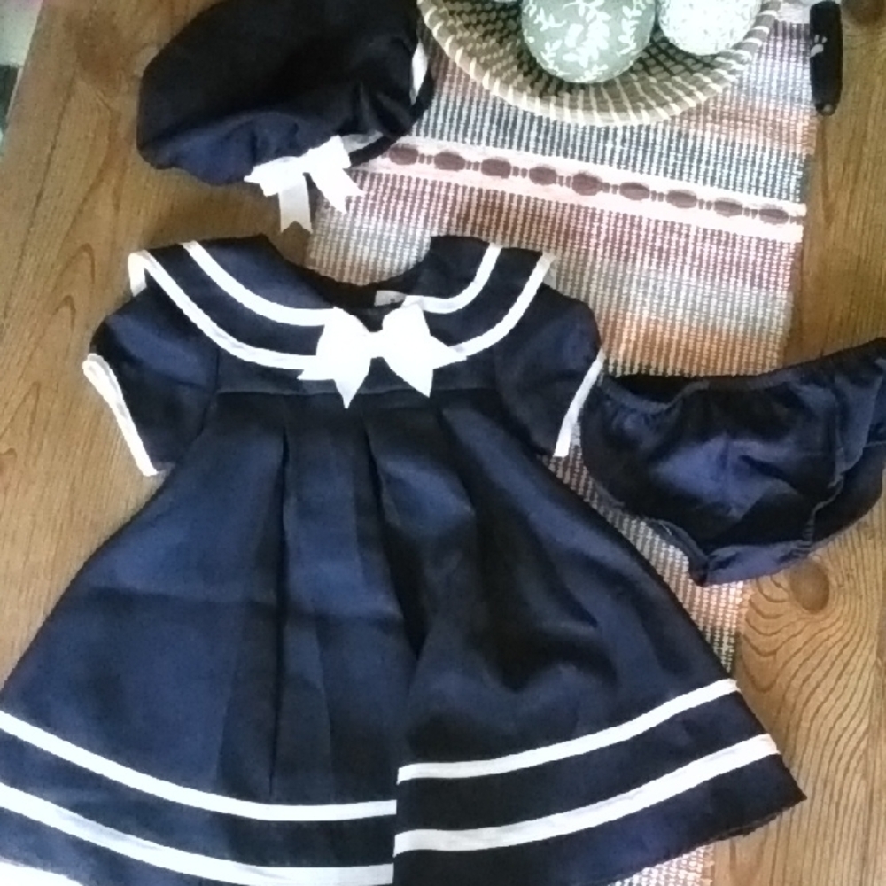 Rare Editions Super Cute Navy and White Sailor Dress with Hat and Bloomers